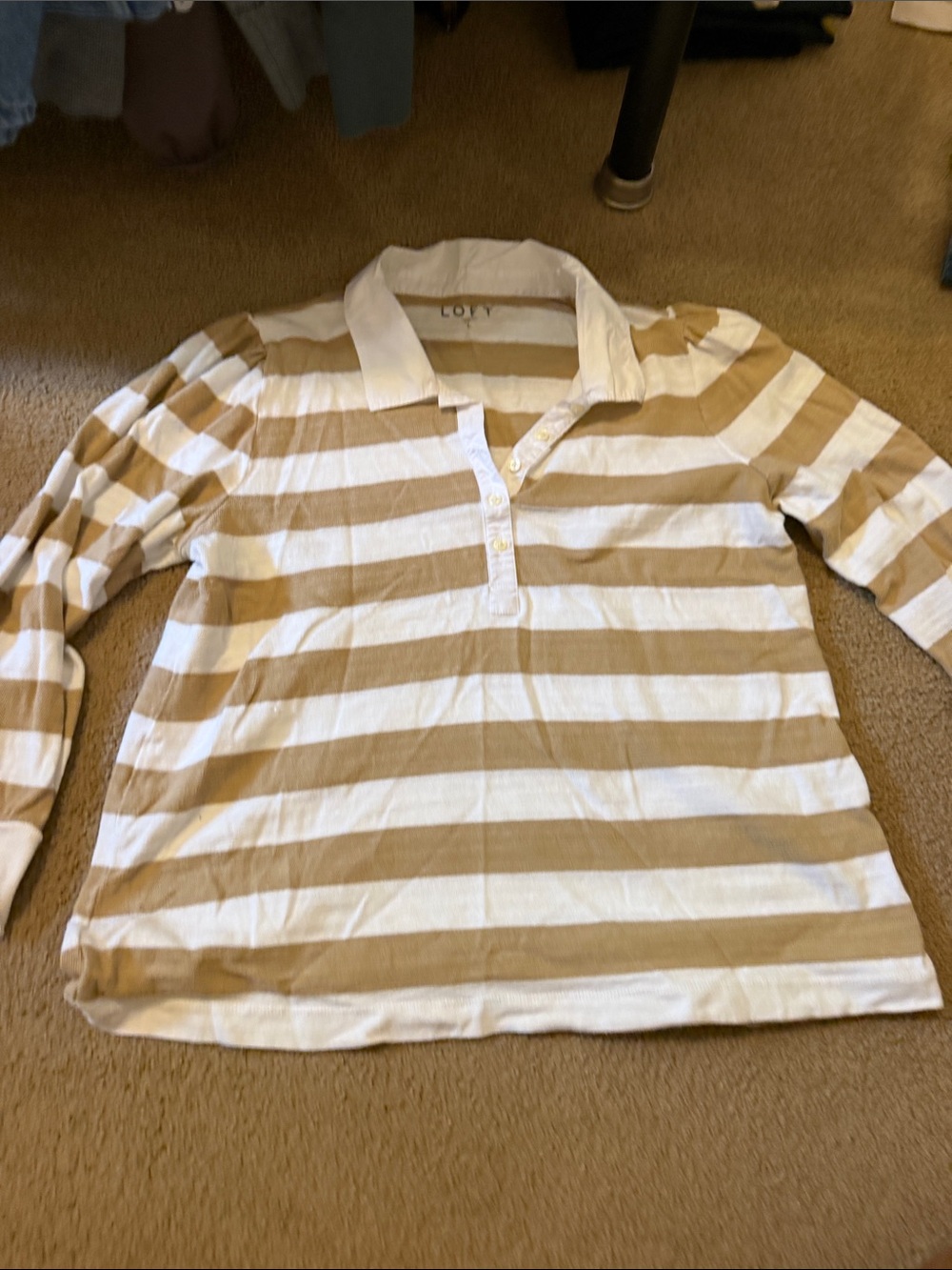 LOFT Long Sleeve Stripe Polo - Cream & Tan